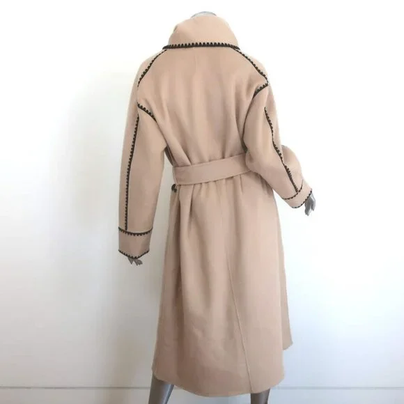 Maje Gicoco Belted Scarf Coat Camel Embroidered Double-Faced Wool Size 34 NEW - Picture 6 of 10